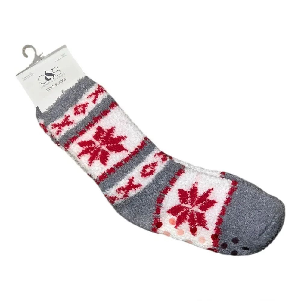 Christopher & Banks Womens Gray Red Fair Isle Ankle Grip Cozy Socks Sz 4-10 NWT